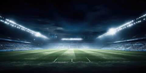 A picture of a soccer field with a stadium in the background. Suitable for sports events, soccer...