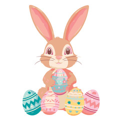 Vector cute cartoon rabbit with easter eggs