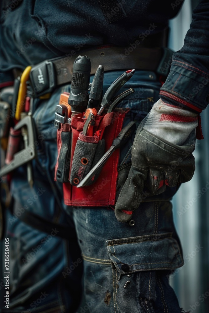 Poster a close-up view of a person wearing a tool belt. this image can be used to depict a skilled worker, 