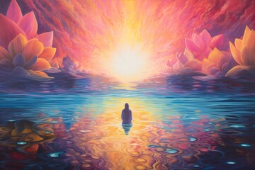 Silhouetted figure before a vibrant, cosmic lotus sunrise. Suitable for spiritual or wellness themes. 