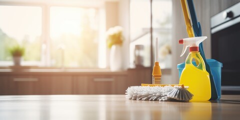 A close-up view of a mop and a bottle of cleaner. This versatile image can be used to depict cleaning, household chores, or janitorial services