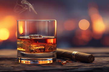 Beautiful background of a glass of whiskey and a cigar lying next to it on a beautiful wooden table with a beautiful background with bokeh. Space for text or inscriptions, close-up view 