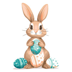 Vector cute cartoon rabbit with easter eggs