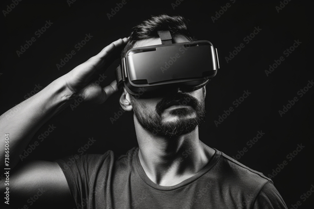 Poster A man is pictured wearing a virtual reality headset. This image can be used to illustrate the concept of virtual reality technology and its applications