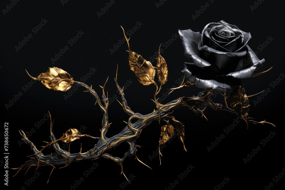 Poster a stunning black rose with intricate gold leaves on a dark black background. perfect for adding a to
