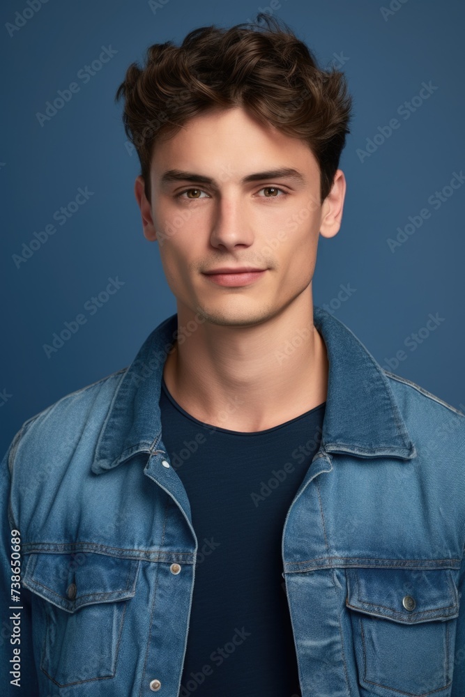 Poster a man wearing a denim jacket poses for a picture. this versatile image can be used for various purpo