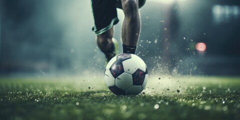 A soccer player kicking a soccer ball on a field. Suitable for sports and fitness-related projects - obrazy, fototapety, plakaty