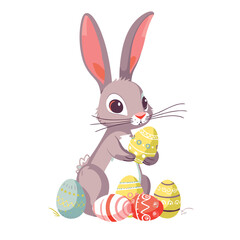 Vector cute cartoon rabbit with easter eggs