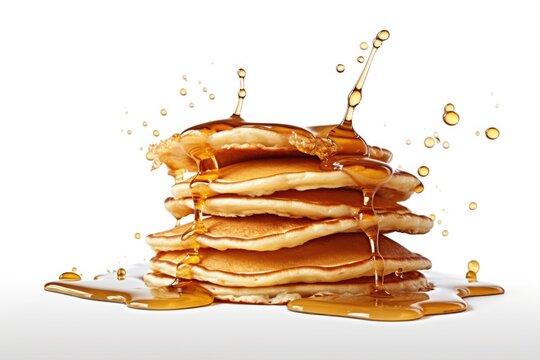 A delicious stack of pancakes covered in syrup. Perfect for breakfast or brunch