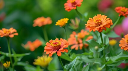 Vibrant orange zinnia blooms stand out against a lush green backdrop.