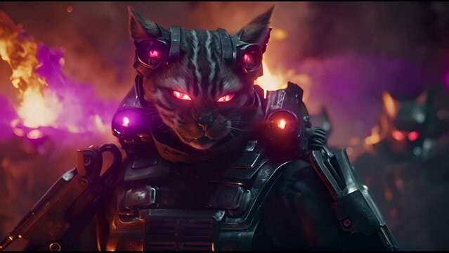 Anthropomorphic fantasy soldier cat in cyborg armor. Fantastic android kitten with weapon in cyberpunk style. Technology and future war concept.