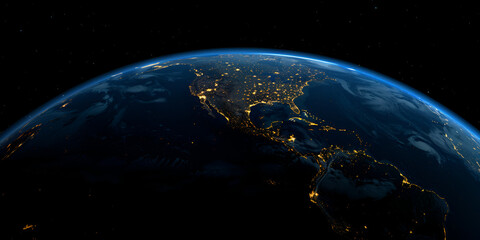 A planet earth with the city lights lit up at night at dark sky background AI Generative