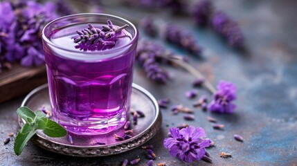 Violet lavender blossom nectar in a cup. Premium image. - obrazy, fototapety, plakaty