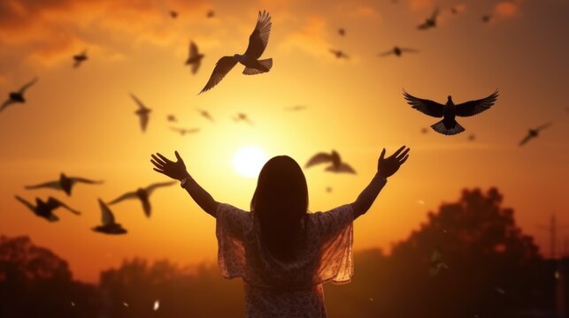 A woman stands confidently as a flock of birds surrounds her. This image can be used to represent freedom, connection with nature, or overcoming challenges