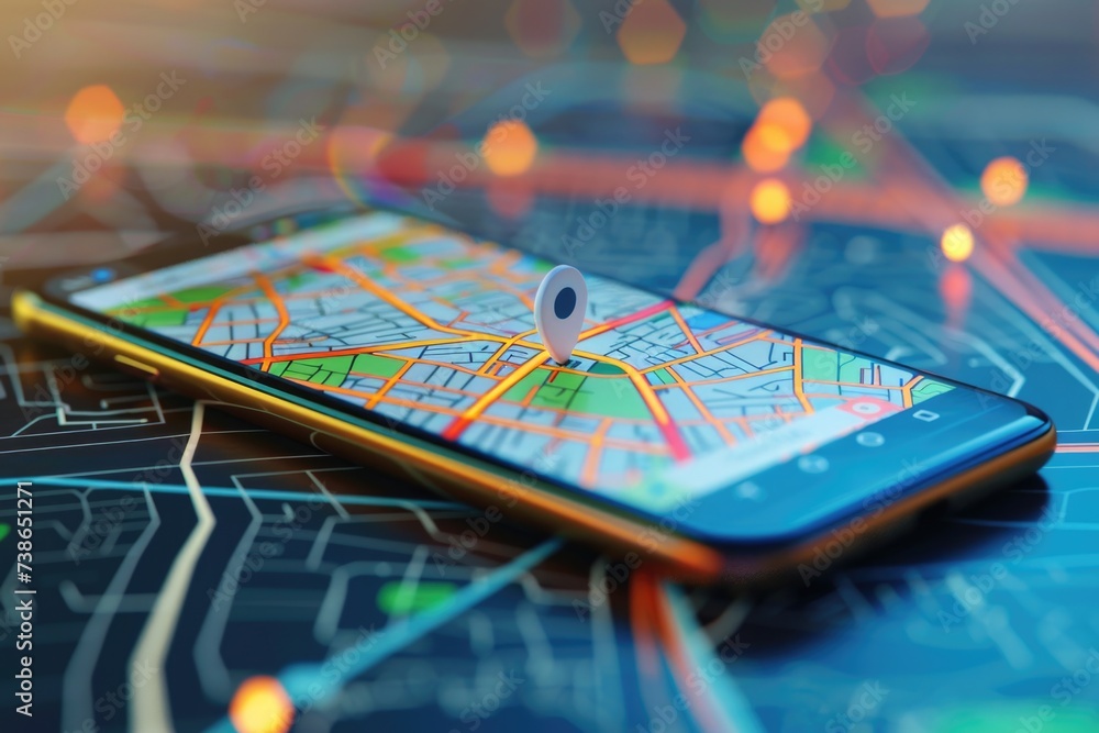 Poster A cell phone resting on top of a map. Perfect for travel and navigation concepts