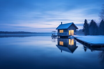Breathtaking winter morning photo of a boathouse in Canada's Lake with a striking blue hue. - obrazy, fototapety, plakaty
