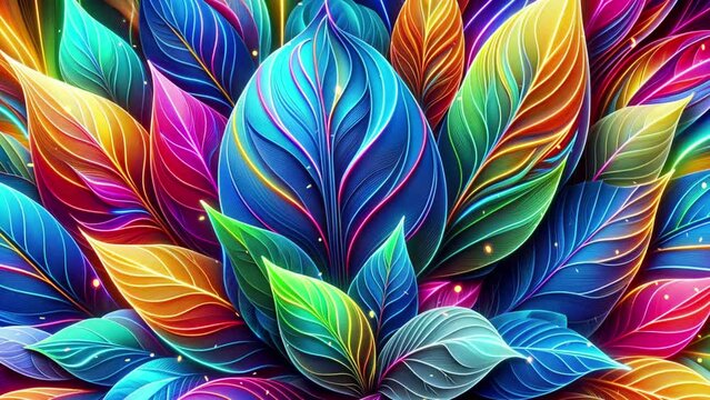 Background with colorful neon leaves and gold sparkles.