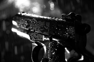 A dramatic black and white photo of a gun in the rain. Perfect for illustrating crime scenes or detective stories - obrazy, fototapety, plakaty