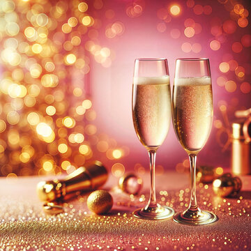 The image features two champagne glasses on a table with a pink and gold background. The glasses are full and there is glitter on the table. The background is blurred to create a bokeh effect.