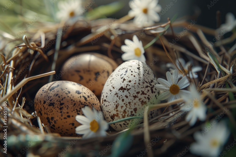 Poster Three eggs in a nest with flowers in the background. Suitable for nature and spring themes