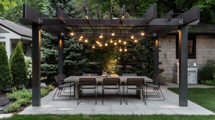 Modern Outdoor Entertaining Space with Concrete Dining Set AI Generated.