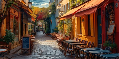 Fototapeta premium Iconic Parisian street scene featuring charming cafes and bustling outdoor seating.