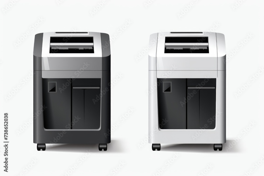 Poster two paper shredders side by side on a plain white background. ideal for office and security concepts