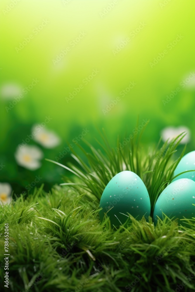 Poster three blue eggs in grass with daisies in the background. suitable for spring or easter themed projec