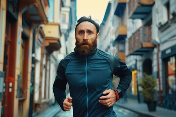 A man with a beard running down the street, suitable for fitness or urban lifestyle concepts