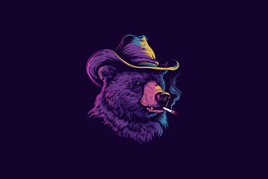 Bear wears a cowboy hat and smoke a cigarette flat design vector illustration