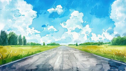 Watercolor illustration of a straight road in the countryside