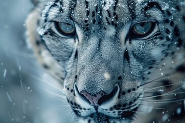 Close up of a snow leopard's face, perfect for wildlife projects
