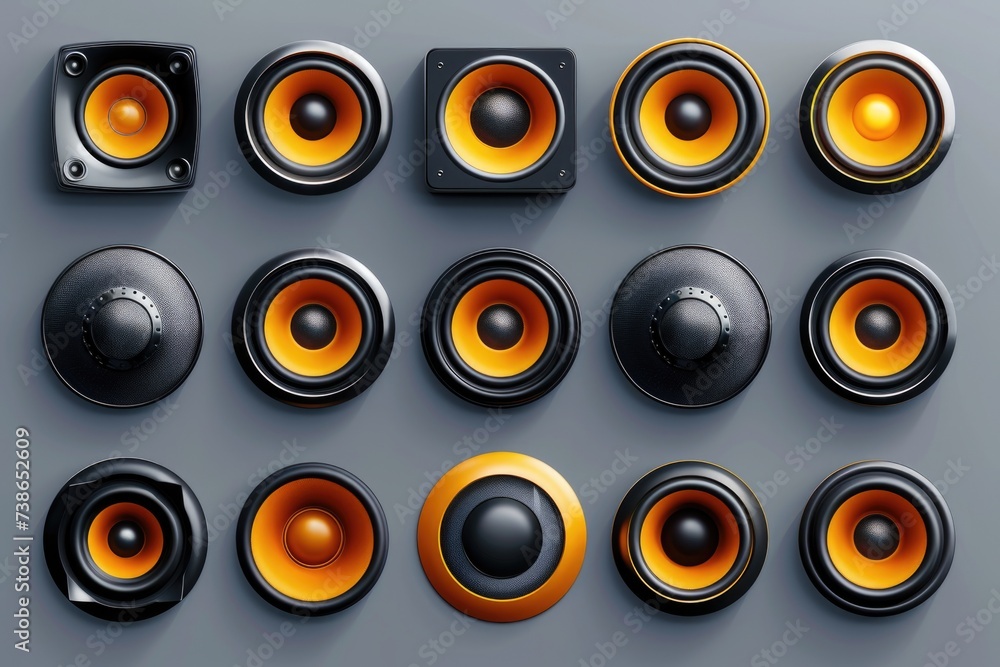 Poster a collection of speakers on a table, ideal for technology or music concepts