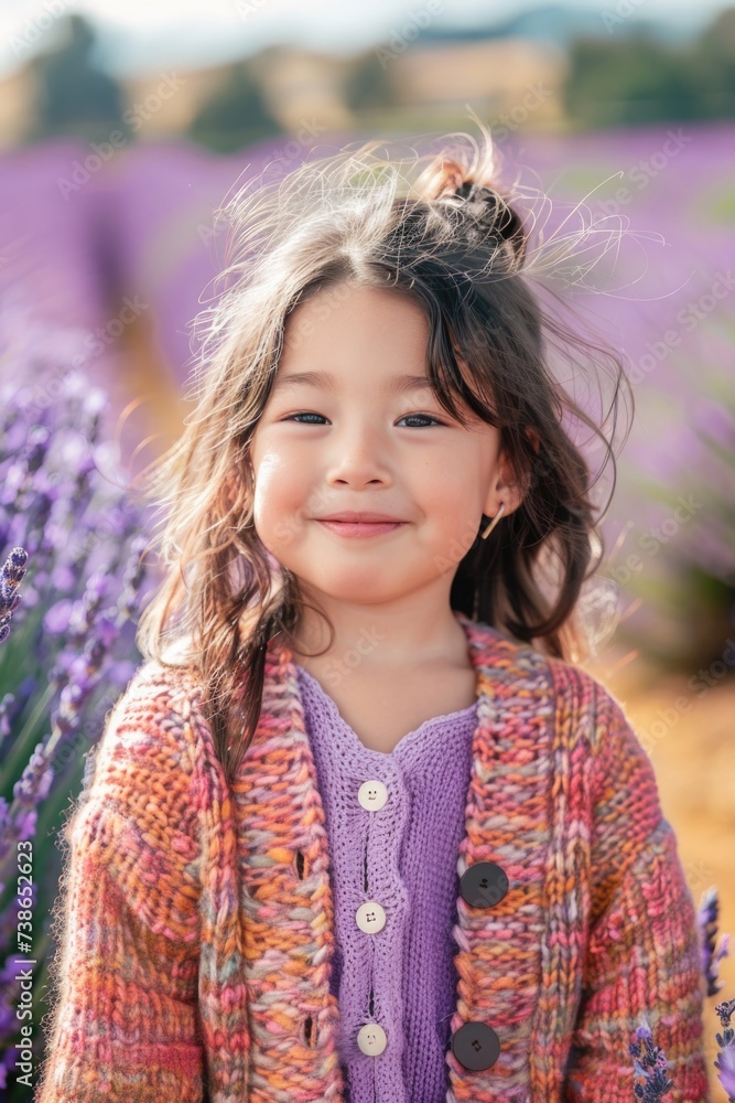 Aufkleber a little girl standing in a field of lavender. suitable for nature and relaxation concepts