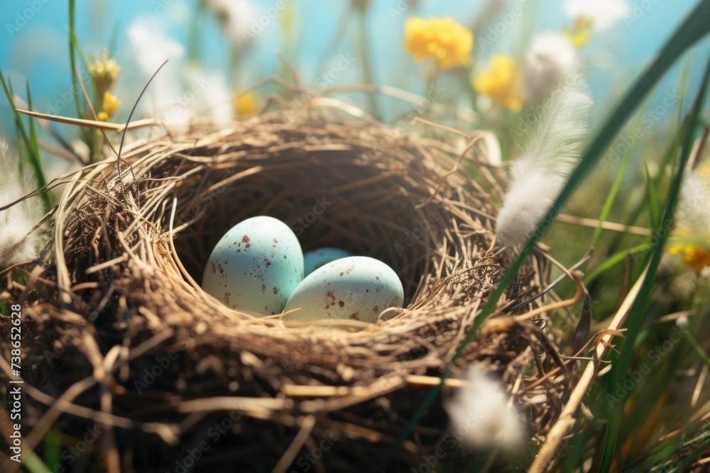 Poster a bird nest with three eggs, perfect for illustrating nature and new beginnings