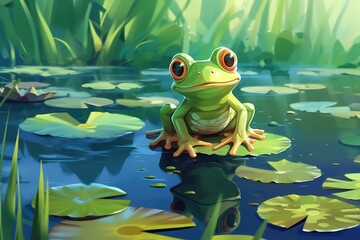 Fototapeta premium A frog perched on a leaf above a pond, suitable for nature themes