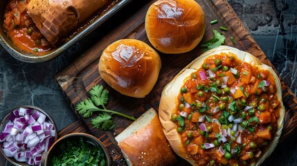 Indian pav bhaji street food dish with mashed vegetable curry and buttered bread rolls