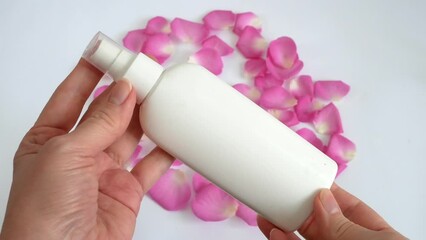 Woman hands using luxury cosmetic cream, cream product tube with roses and petals on white background. Soft cream for hand and nail