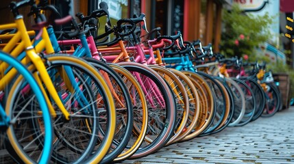 Vibrant arrays of bicycles kept in outdoor severally with space and empty space for text, Generative AI. - obrazy, fototapety, plakaty