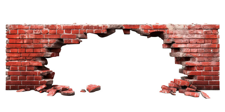 Brick wall with hole on white or transparent background