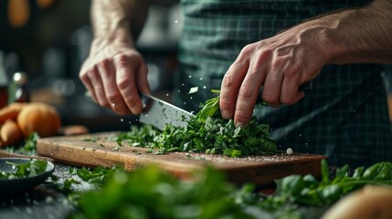 Fresh herbs being chopped by chef's hands on wooden cutting board in kitchen - obrazy, fototapety, plakaty