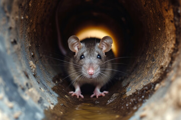 Rat in the sewage pipe close-up view, rodent motif in sewage pipes
