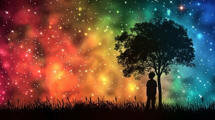 Obraz na płótnie Canvas Silhouette of a boy looking at the rainbow-colored starry sky