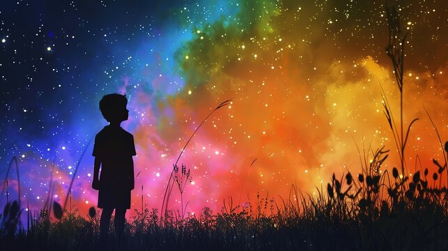 Silhouette of a boy looking at the rainbow-colored starry sky