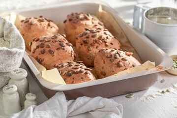 Golden pumpkin rolls made of flour and sourdough.