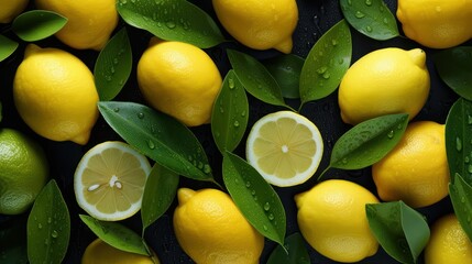 Lemons flat lay pattern with visible Water Drops UHD WALLPAPER - obrazy, fototapety, plakaty