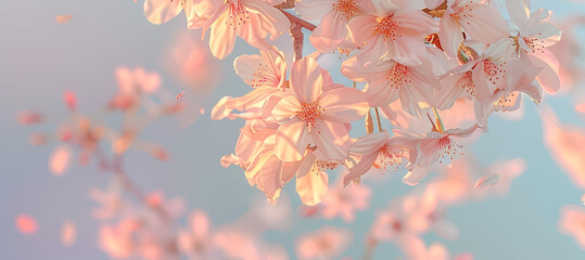 A delicate cluster of cherry blossoms with petals gently falling against a soft, pastel sky symbolizes the arrival of the spring equinox - obrazy, fototapety, plakaty