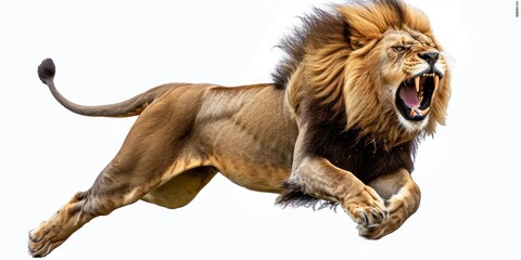 A male lion, Panthera leo, is seen in mid-air with its mouth wide open, against a white background,...