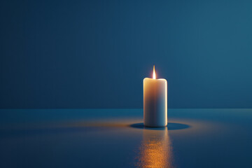 Burning white candle isolated on dark blue empty background with space for text or inscriptions.
