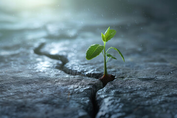 Green plant breaking through cracked asphalt or concrete, theme of not breaking and not giving up with space for text or inscriptions
